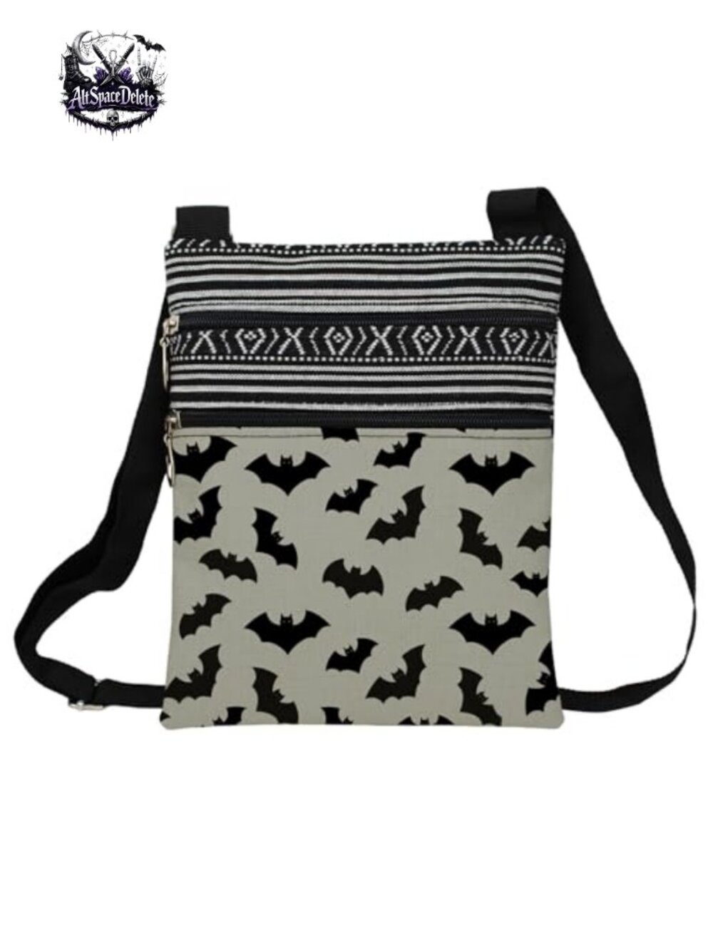 Bat Ethnic Print Polyester Crossbody Bag Adjustable Strap Zipper Pouch